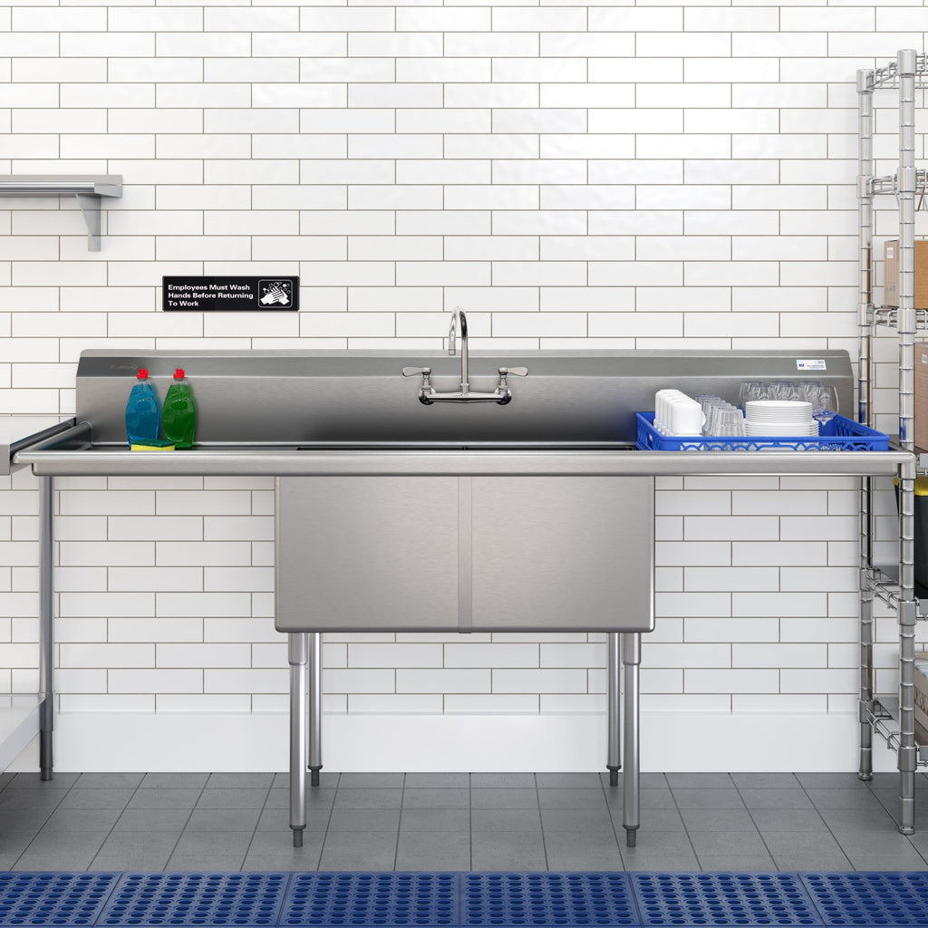 84 in. 18-Gauge 2-Compartment Commercial Sink with Backsplash and 24 in. Dual Drainboards, Bowl dimensions 18"x24"x14" in Stainless-Steel