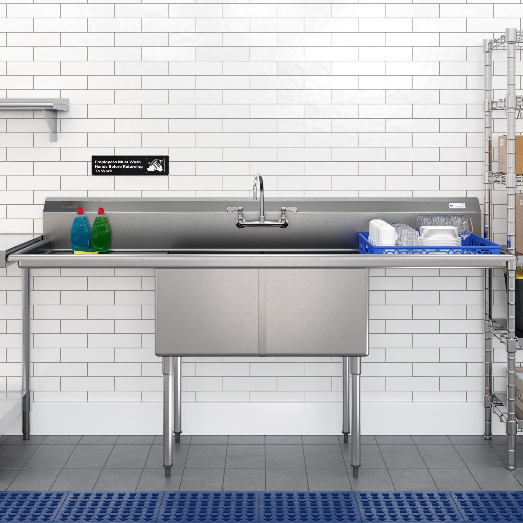 84 in. 18-Gauge 2-Compartment Commercial Sink with Backsplash and 24 in. Dual Drainboards, Bowl dimensions 18"x24"x14" in Stainless-Steel