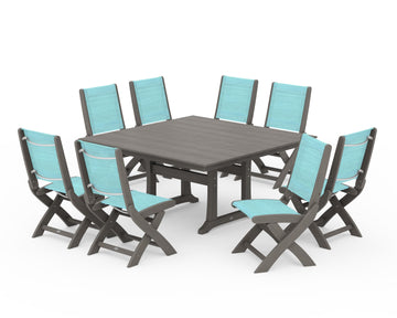 Coastal Folding Side Chair 9-Piece Farmhouse Dining Set