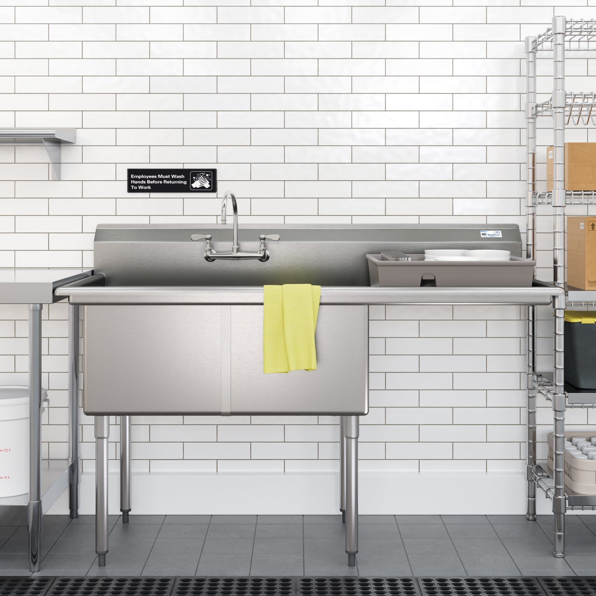 63 in. 18-Gauge 2-Compartment Commercial Sink with Backsplash and 24 in. Right Drainboard, Bowl dimensions 18"x24"x14" in Stainless-Steel