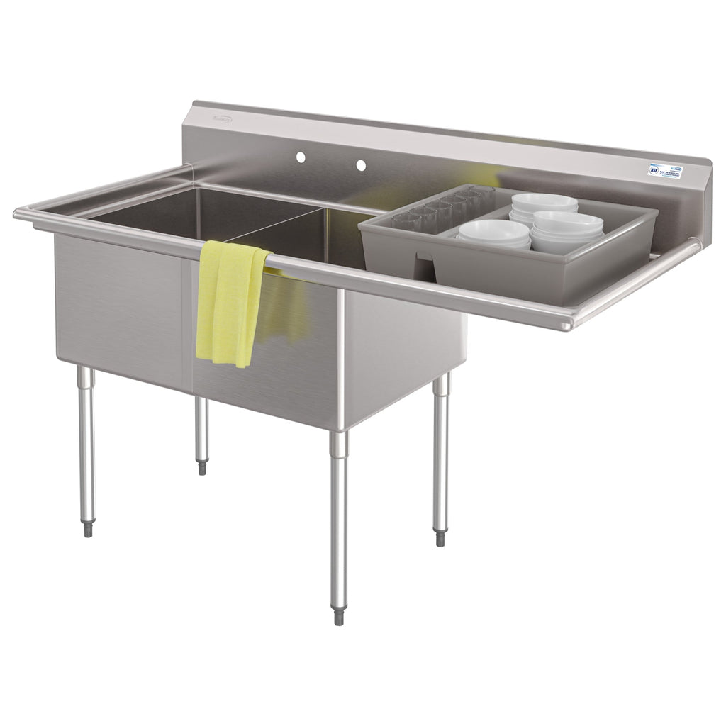 63 in. 18-Gauge 2-Compartment Commercial Sink with Backsplash and 24 in. Right Drainboard, Bowl dimensions 18"x24"x14" in Stainless-Steel