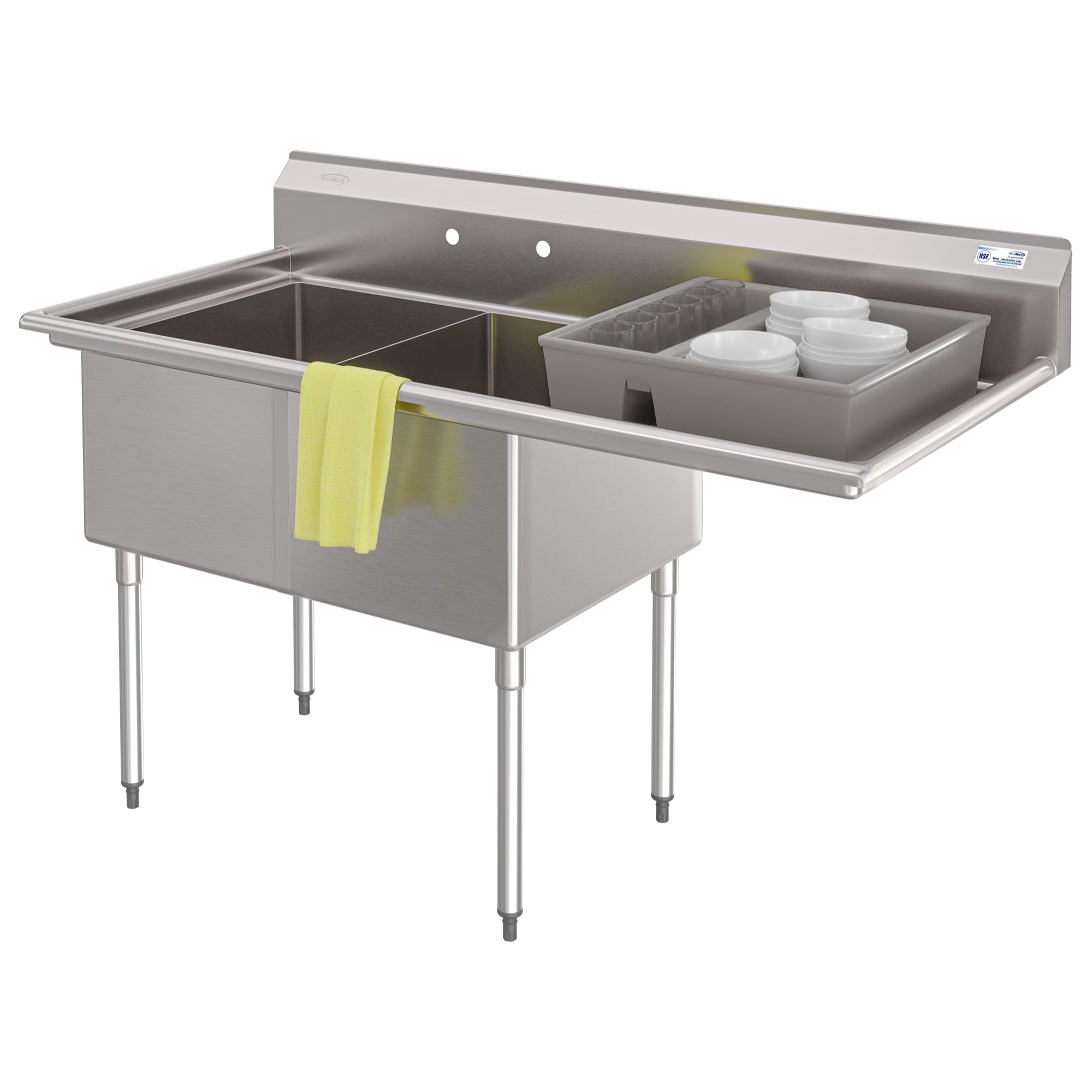 63 in. 18-Gauge 2-Compartment Commercial Sink with Backsplash and 24 in. Right Drainboard, Bowl dimensions 18"x24"x14" in Stainless-Steel
