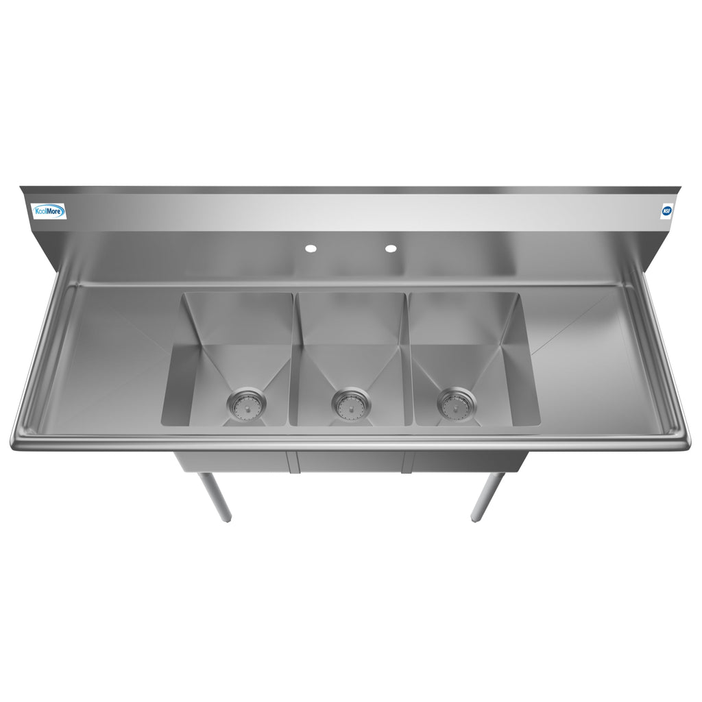 60 in. Three Compartment Stainless Steel Commercial Sink With Drainboards, Bowl Size 12"x 16"x 10"
