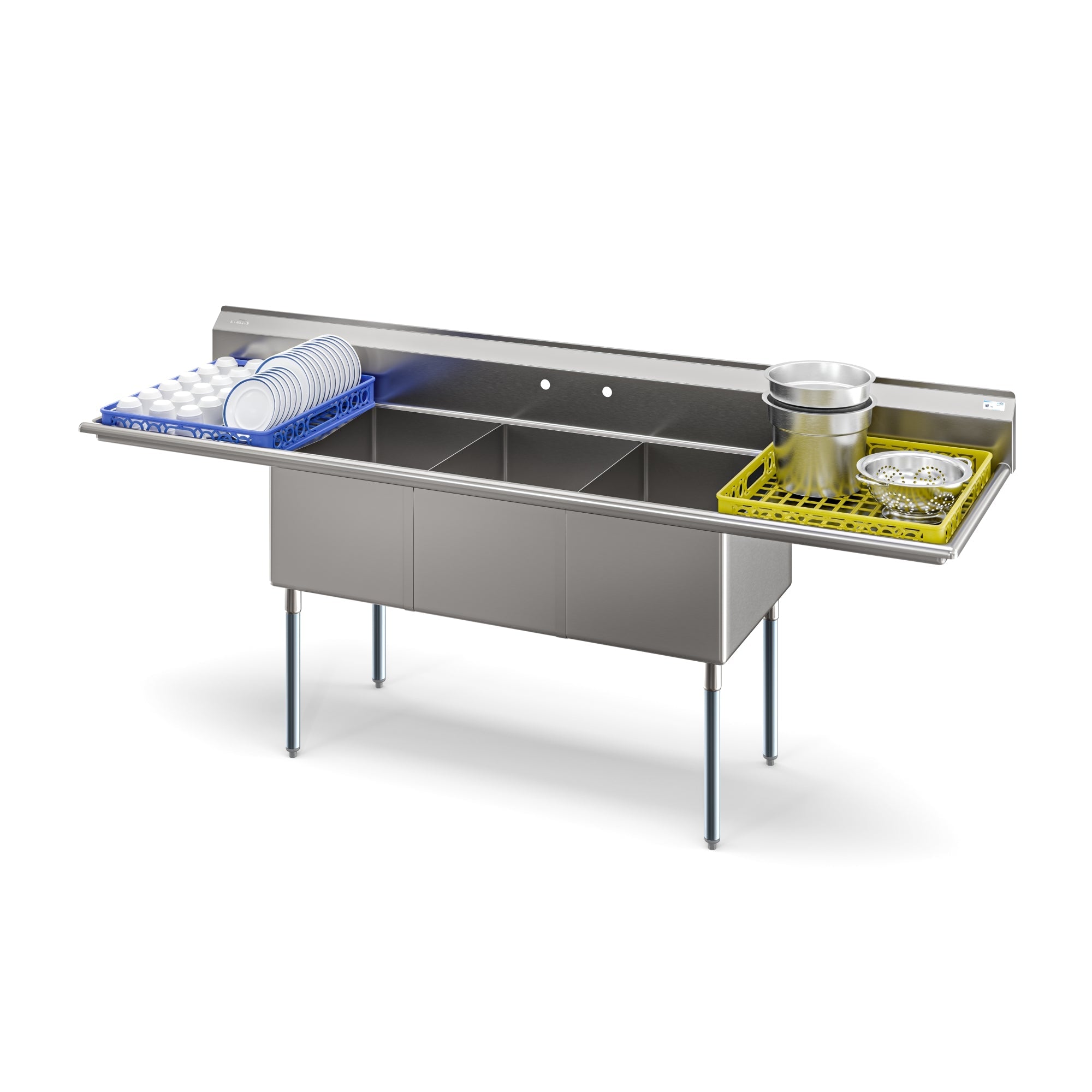102 in. Three Compartment Commercial Sink Bowl Size 18x24x14 Stainless-Steel 18 Gauge with Two Drainboards