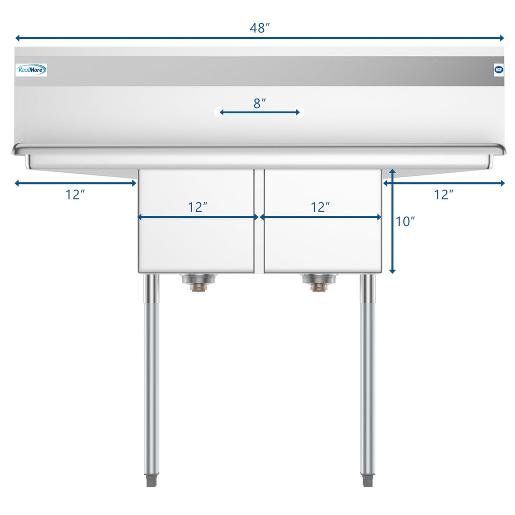 48 in. Two Compartment Stainless Steel Commercial Sink with 2 Drainboards, Bowl Size 12"x 16"x 10"
