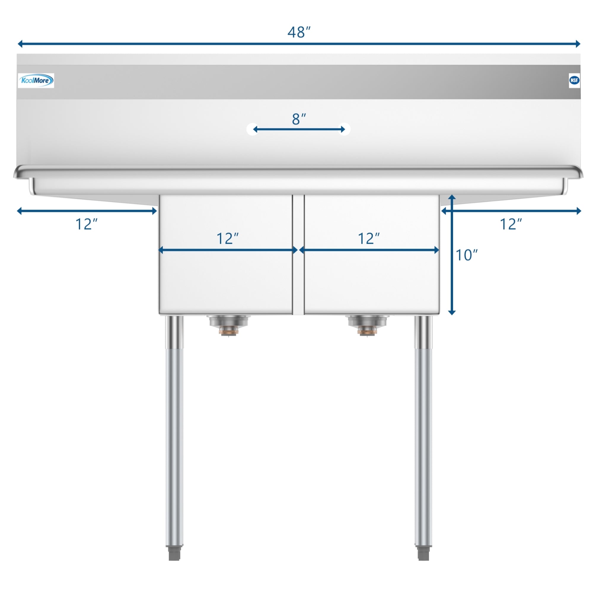 48 in. Two Compartment Stainless Steel Commercial Sink with 2 Drainboards, Bowl Size 12"x 16"x 10"