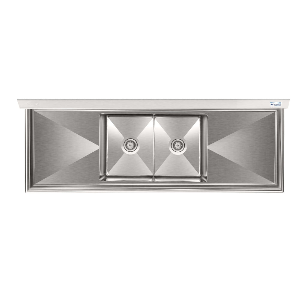 84 in. 18-Gauge 2-Compartment Commercial Sink with Backsplash and 24 in. Dual Drainboards, Bowl dimensions 18"x24"x14" in Stainless-Steel