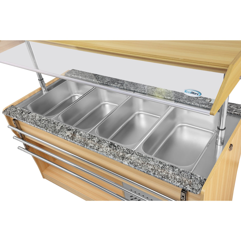 59 in. Commercial Refrigerated Buffet Table with Capacity for 4 Full-Size GN Pans, Featuring Adjustable Cover, a Serving Rail and 4 Lockable Casters in Wooden Finish
