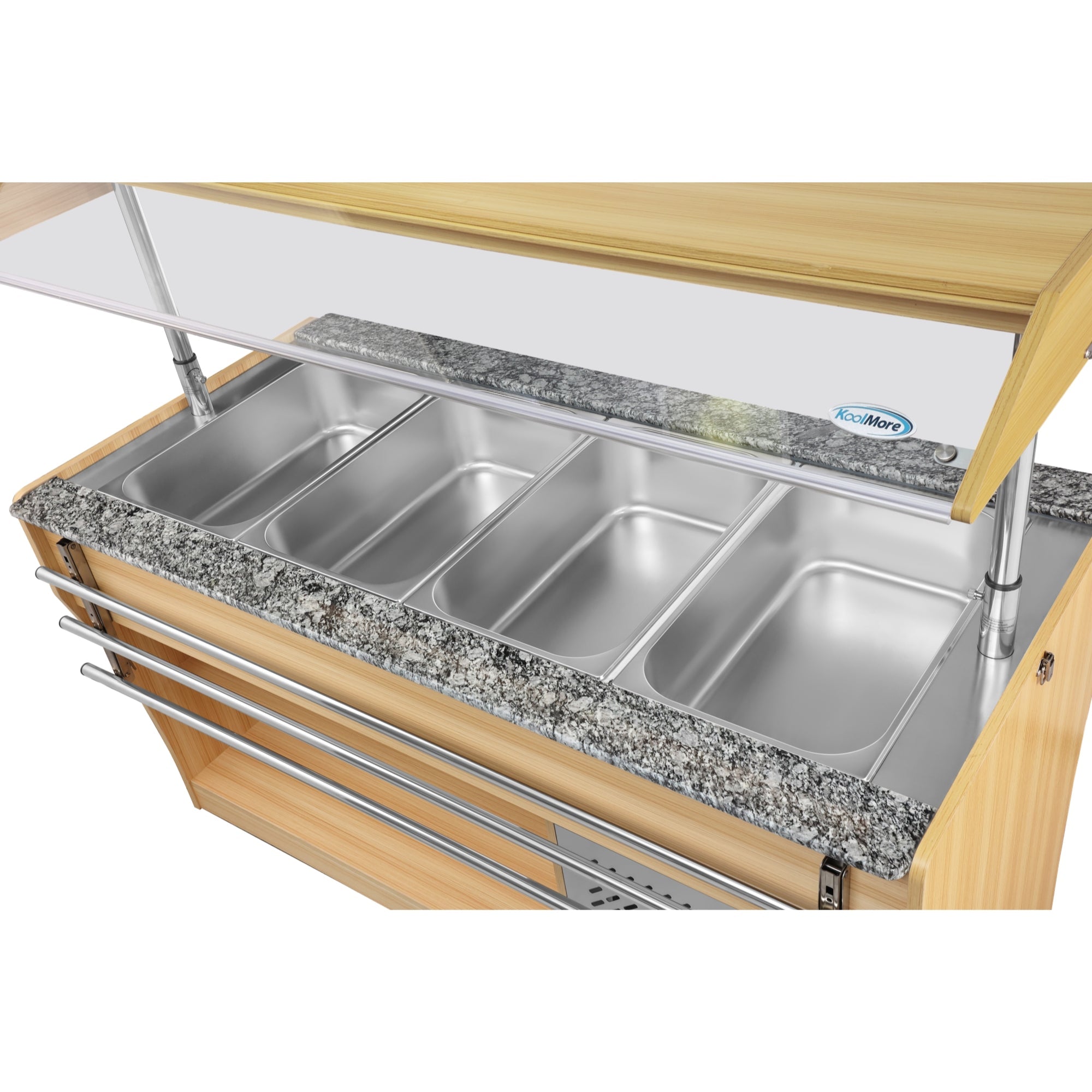 59 in. Commercial Refrigerated Buffet Table with Capacity for 4 Full-Size GN Pans, Featuring Adjustable Cover, a Serving Rail and 4 Lockable Casters in Wooden Finish
