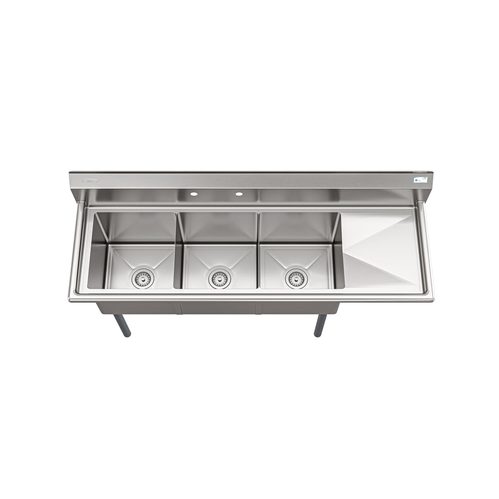 63 in. Three Compartment Commercial Sink, Bowl Size 15x15x14, Stainless-Steel 16 Gauge with Right Drainboard