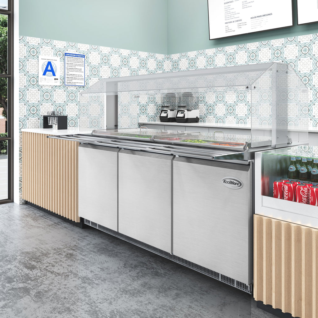 72 in. Commercial Refrigerated Prep Station with Sneeze Guard and Buffet Slide, 15-Pan (Not Included) Capacity and Three Adjustable Shelves in Stainless-Steel, ETL Listed