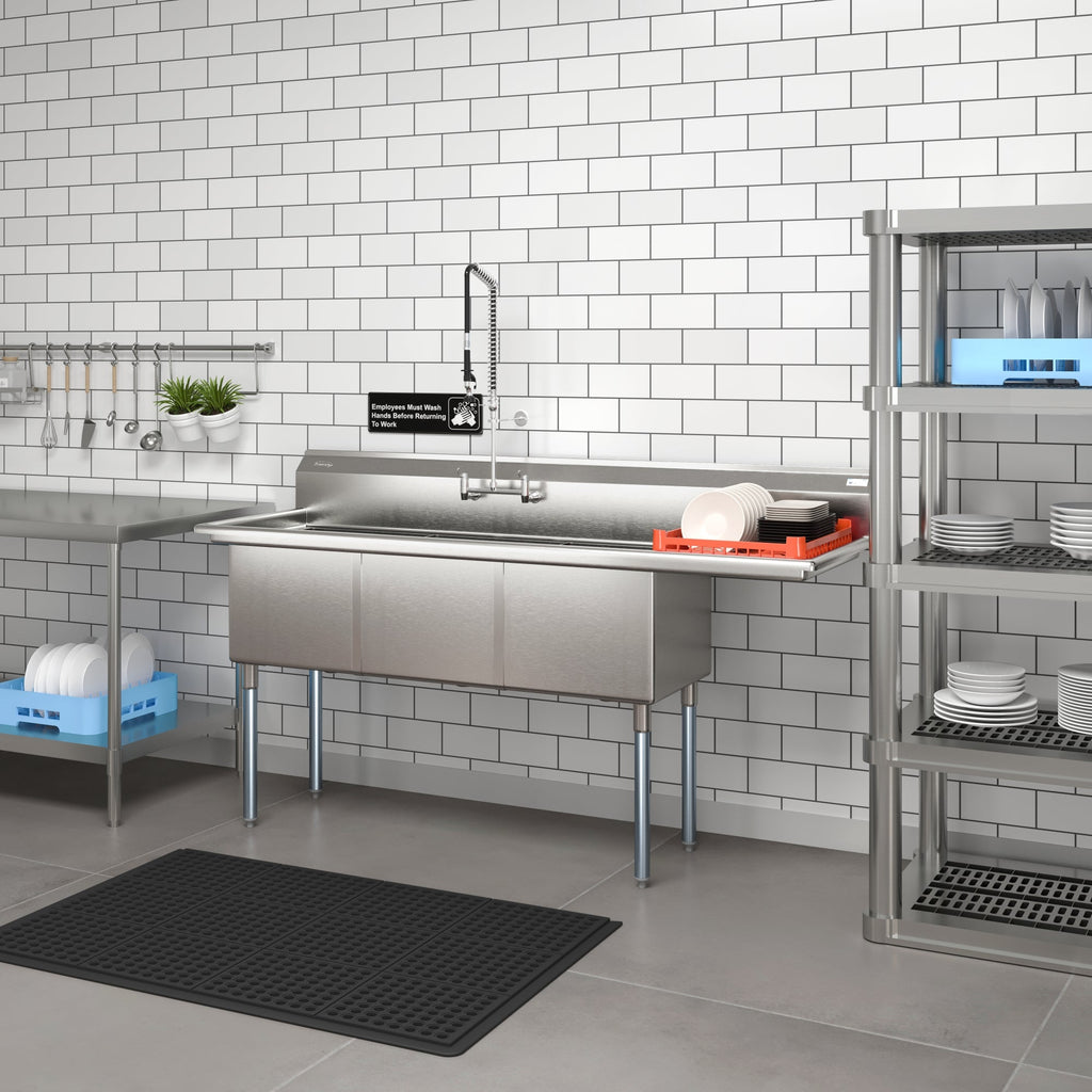 75 in. Three Compartment Commercial Sink Bowl Size 18x18x14 Stainless-Steel 18 Gauge with Right Drainboard