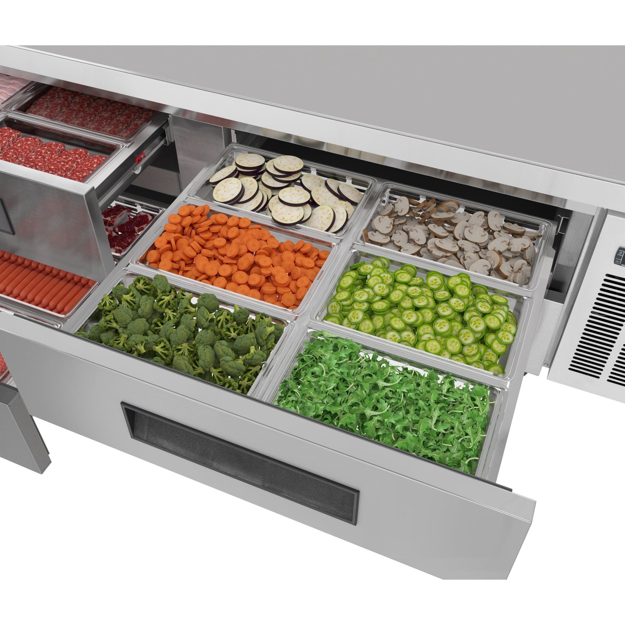 72 in. Commercial Chef Base Refrigerator Storage Cabinet for Cold Foods, Fresh Ingredients, and Condiments, Refrigerated Pull-Out Drawers, Rolling Caster Wheels, ETL Listed