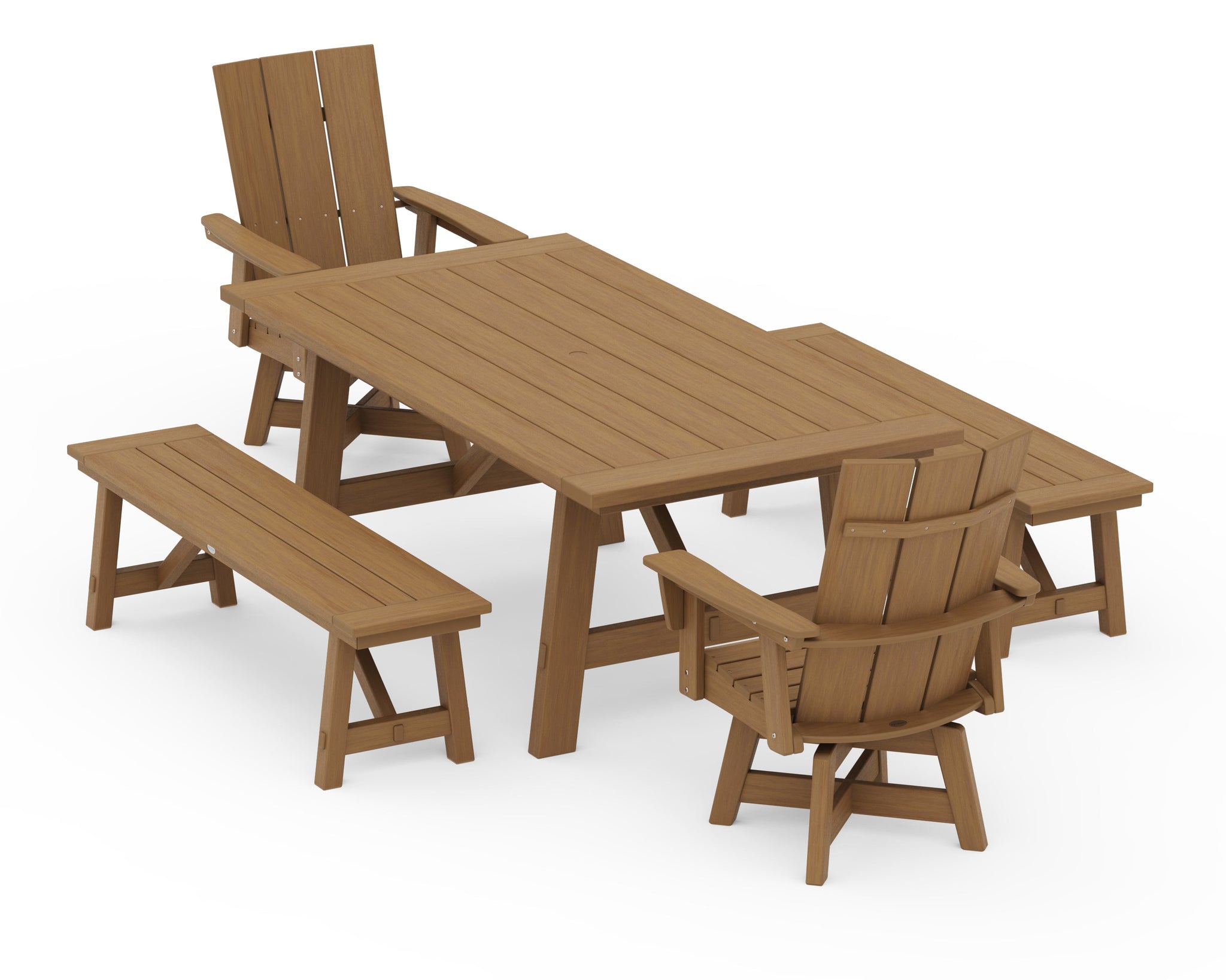 Modern Curveback Adirondack Swivel Chair 5-Piece Rustic Farmhouse Dining Set With Benches