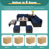 Costway 9-Piece Outdoor Wicker Sectional Sofa Set with 35" Gas Fire Pit Table Navy 95314267 New