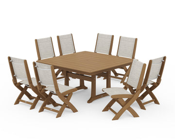 Coastal Folding Side Chair 9-Piece Dining Set with Trestle Legs