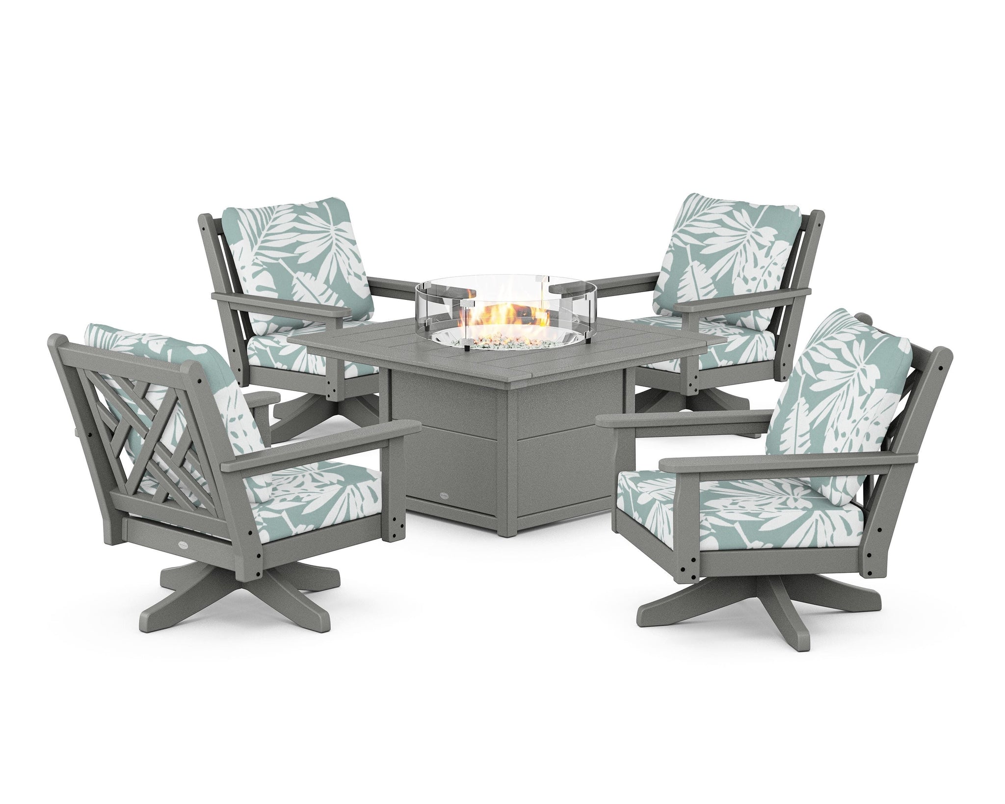 Chippendale 5-Piece Deep Seating Swivel Conversation Set with Fire Pit Table