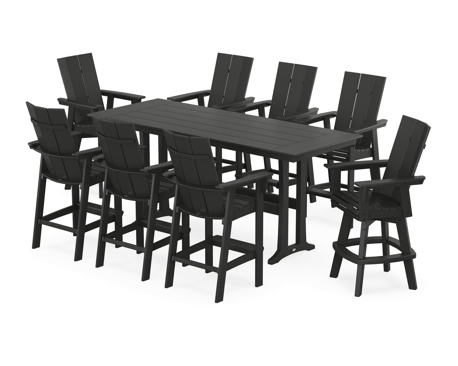 Modern Curveback Adirondack Swivel 9-Piece Farmhouse Bar Set with Trestle Legs