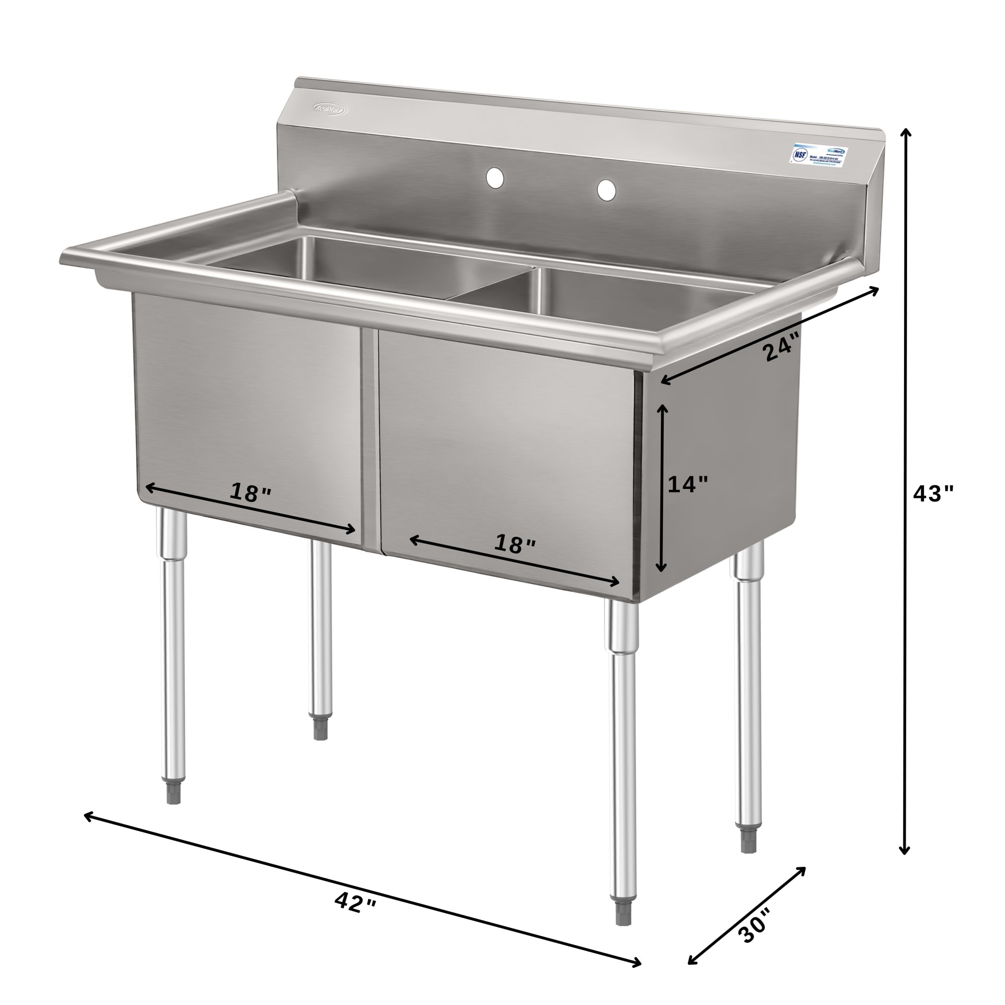 42 in. 16-Gauge 2-Compartment Commercial Sink with Backsplash, Bowl Dimensions 18"x18"x14" in Stainless-Steel