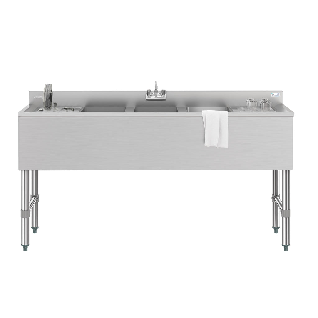 60 in. Three-Compartment Commercial Bar-Sink with 3 in. Backsplash, Dual Drainboards with Low Lead Faucet, NSF Certified in Stainless-Steel