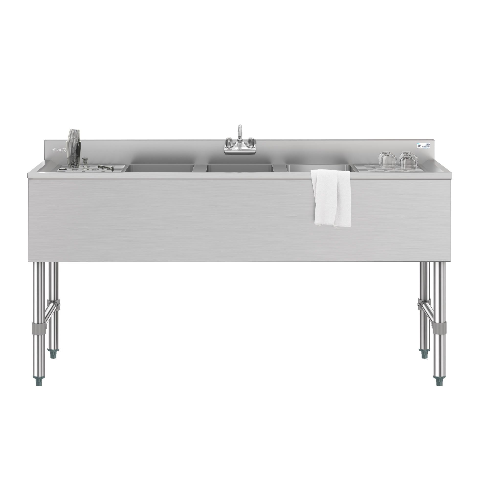 60 in. Three-Compartment Commercial Bar-Sink with 3 in. Backsplash, Dual Drainboards with Low Lead Faucet, NSF Certified in Stainless-Steel