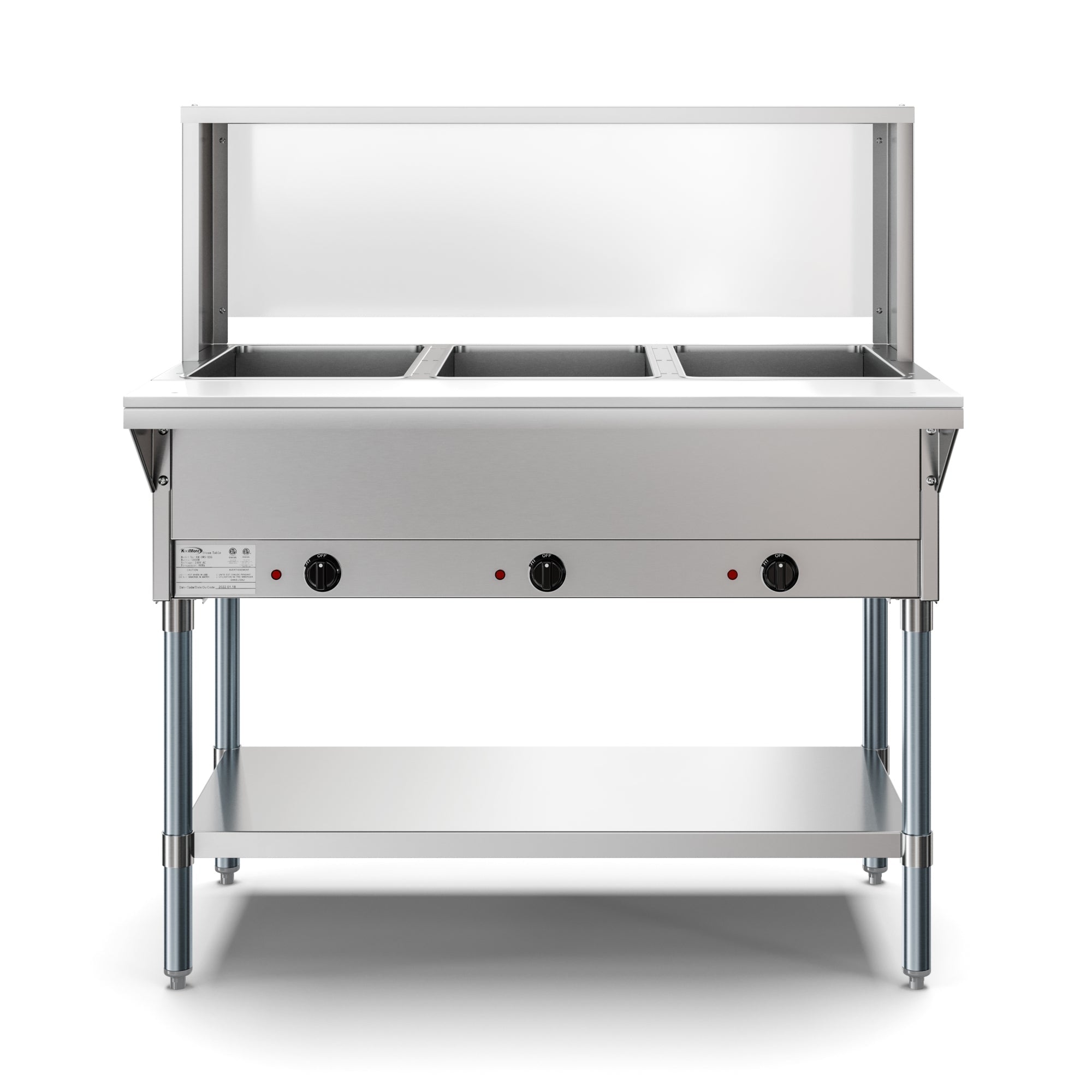 Three Pan Open Well Electric Steam Table with Undershelf and Sneeze-Guard
