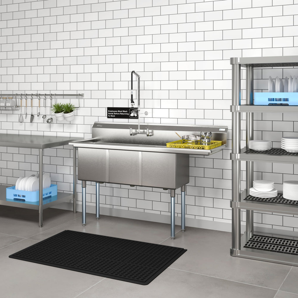 63 in. Three Compartment Commercial Sink, Bowl Size 15x15x14, 18-Gauge Stainless-Steel with Right Drainboard