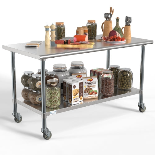 30" x 60" 18-Gauge 304 Stainless Steel Commercial Work Table with Casters