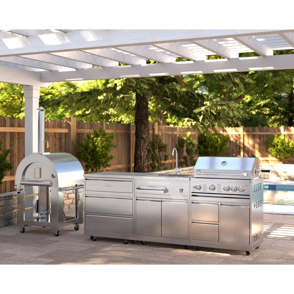 KoolMore Outdoor Kitchen Series Modular Kitchen with a Dual Fuel Pizza Oven, 3 Drawer Cabinet, Sink, 30 in. BBQ Grill and Cabinet in Stainless-Steel