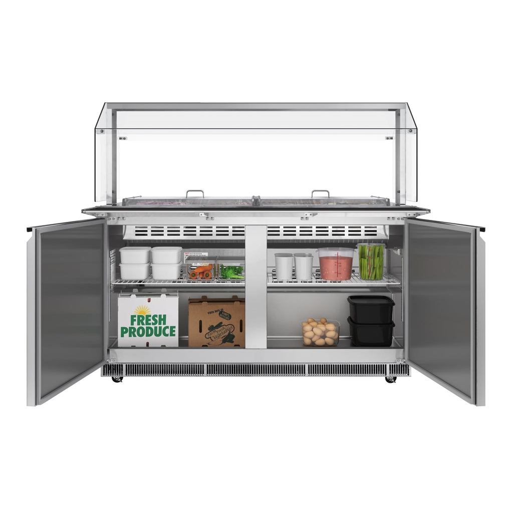 60 in. Commercial Refrigerated Prep Station with Sneeze Guard and Buffet Slide, 12-Pan (Not Included) Capacity with Covers and Two Adjustable Shelves in Stainless-Steel, ETL Listed