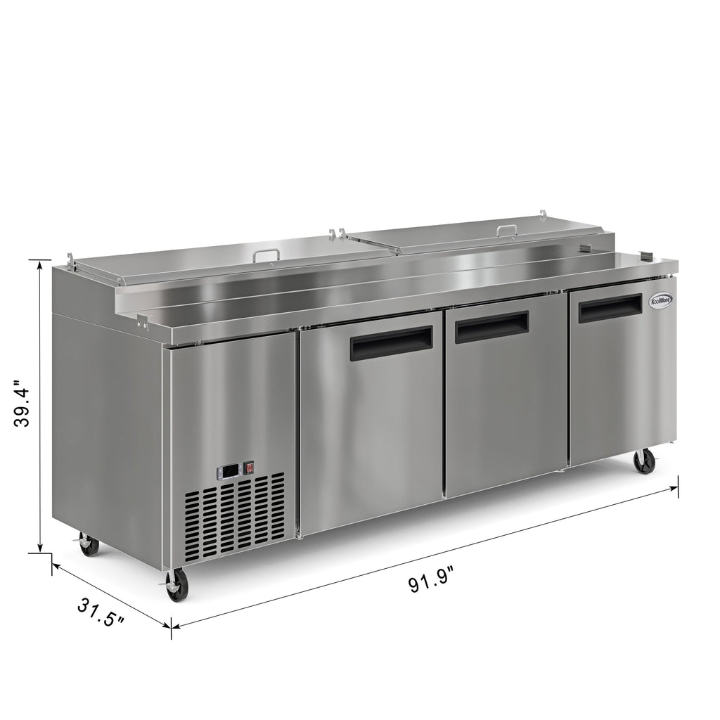 92 In. Three Door Commercial Pizza Prep Refrigerator in Stainless-Steel