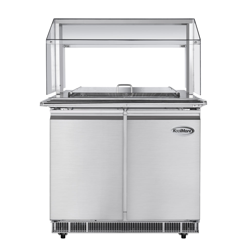 36 in. Commercial Refrigerated Prep Station with Sneeze Guard and Buffet Slide, 6-Pan (Not Included) with Cover Capacity and Two Adjustable Shelves in Stainless Steel, ETL Listed