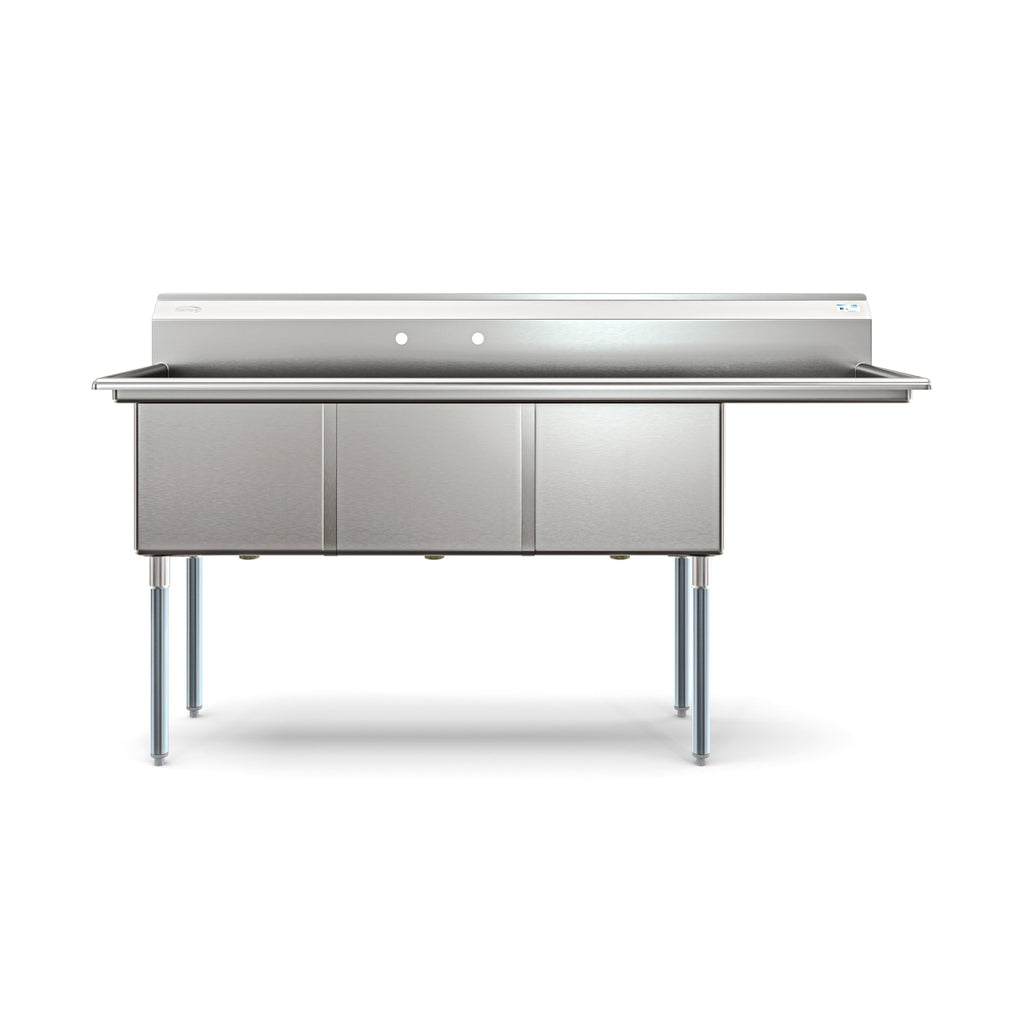 75 in. Three Compartment Commercial Sink Bowl Size 18x18x14 Stainless-Steel 18 Gauge with Right Drainboard