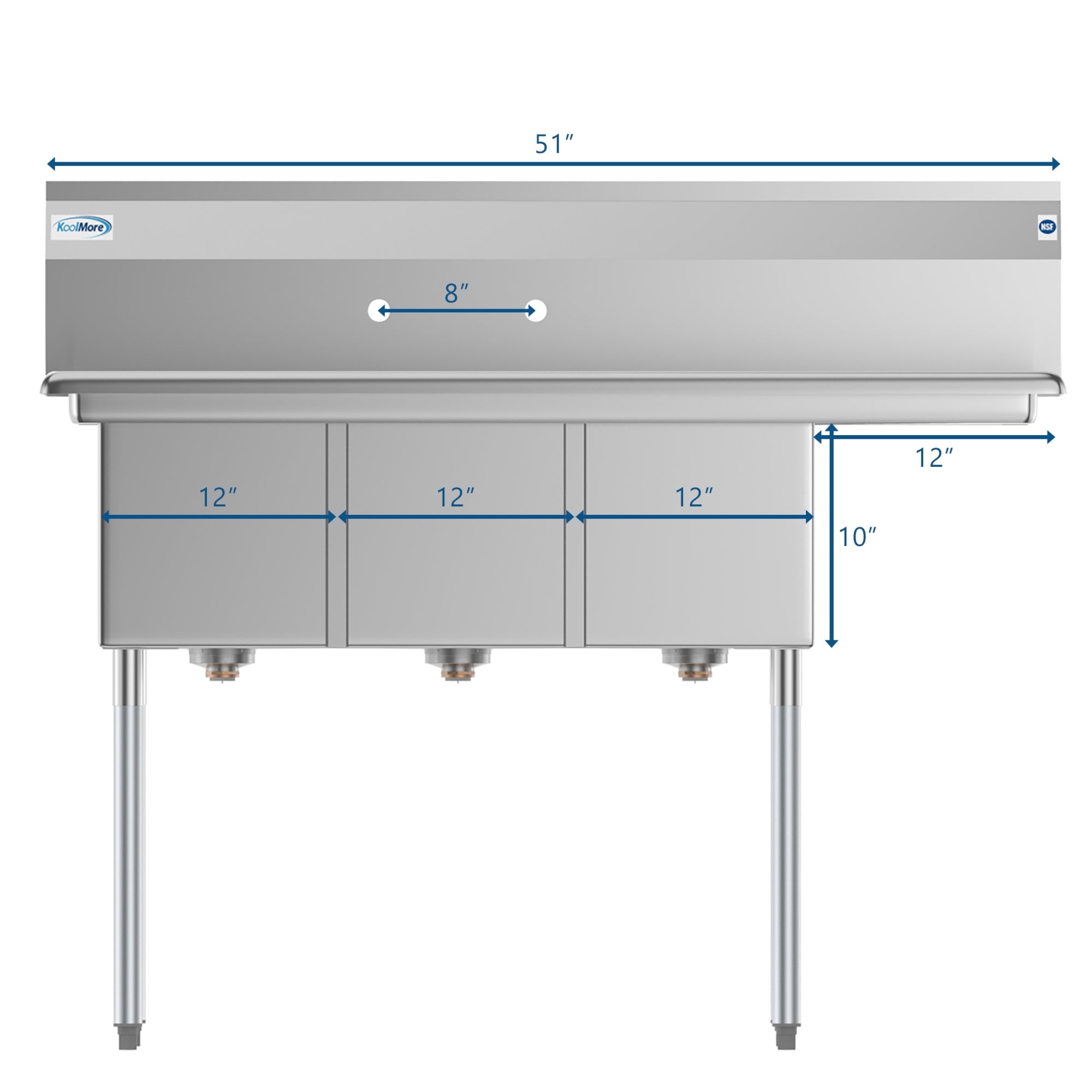 51 in. Three Compartment Stainless Steel Commercial Sink with Drainboard, Bowl Size 12"x 16"x 10"