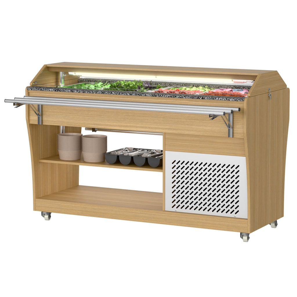 59 in. Commercial Refrigerated Buffet Table with Capacity for 4 Full-Size GN Pans, Featuring Adjustable Cover, a Serving Rail and 4 Lockable Casters in Wooden Finish