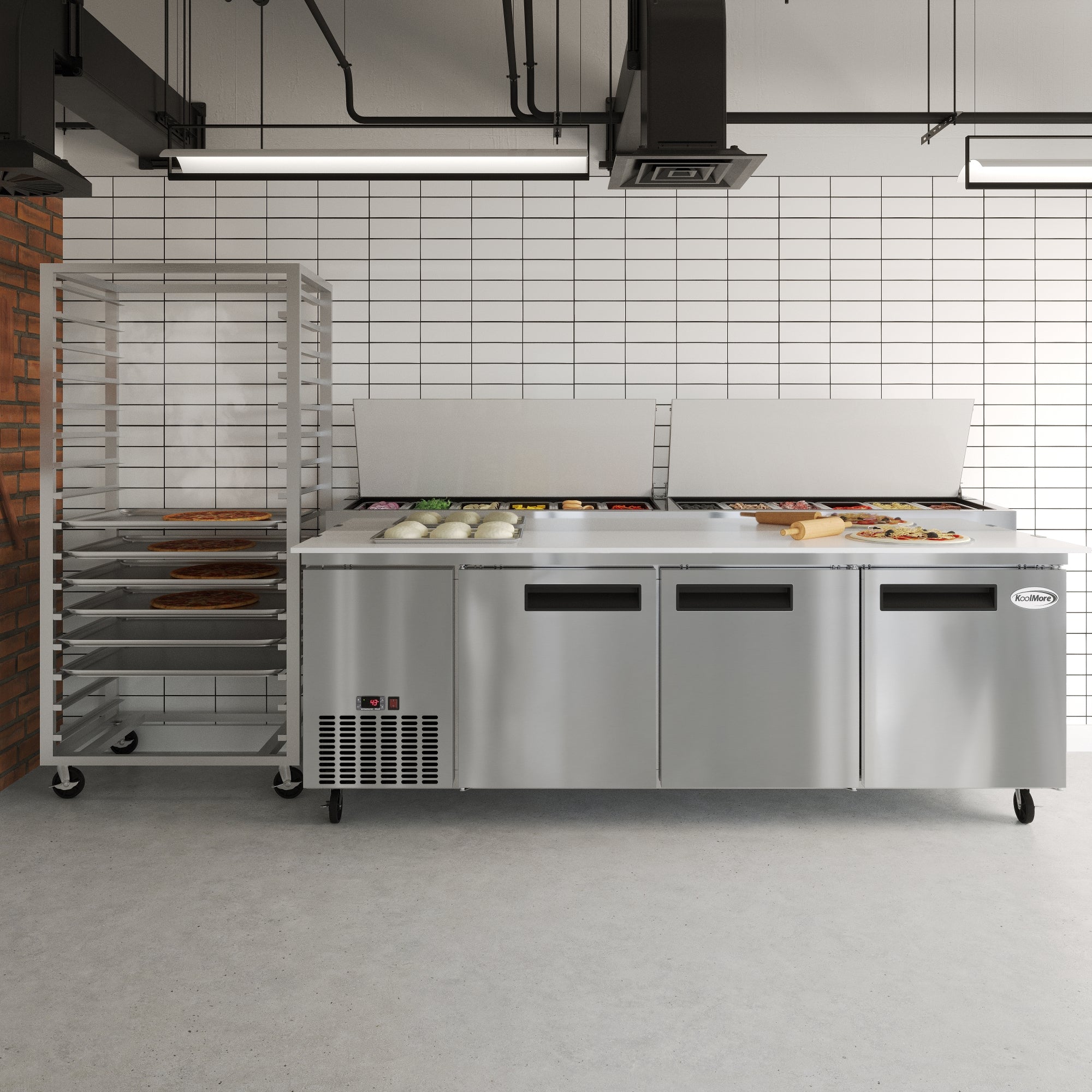 92 In. Three Door Commercial Pizza Prep Refrigerator in Stainless-Steel