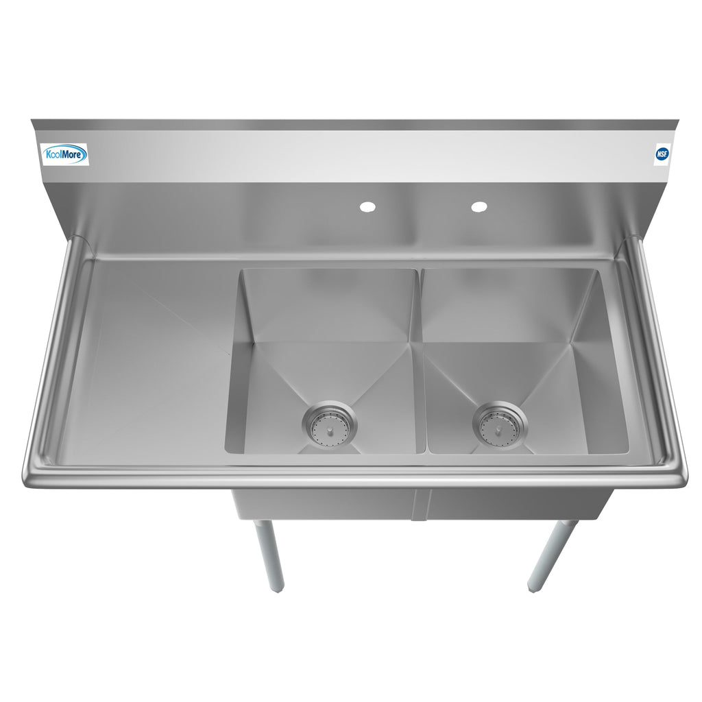 43 in. Two Compartment Stainless Steel Commercial Sink with Drainboard, Bowl Size 14"x 16"x 11"