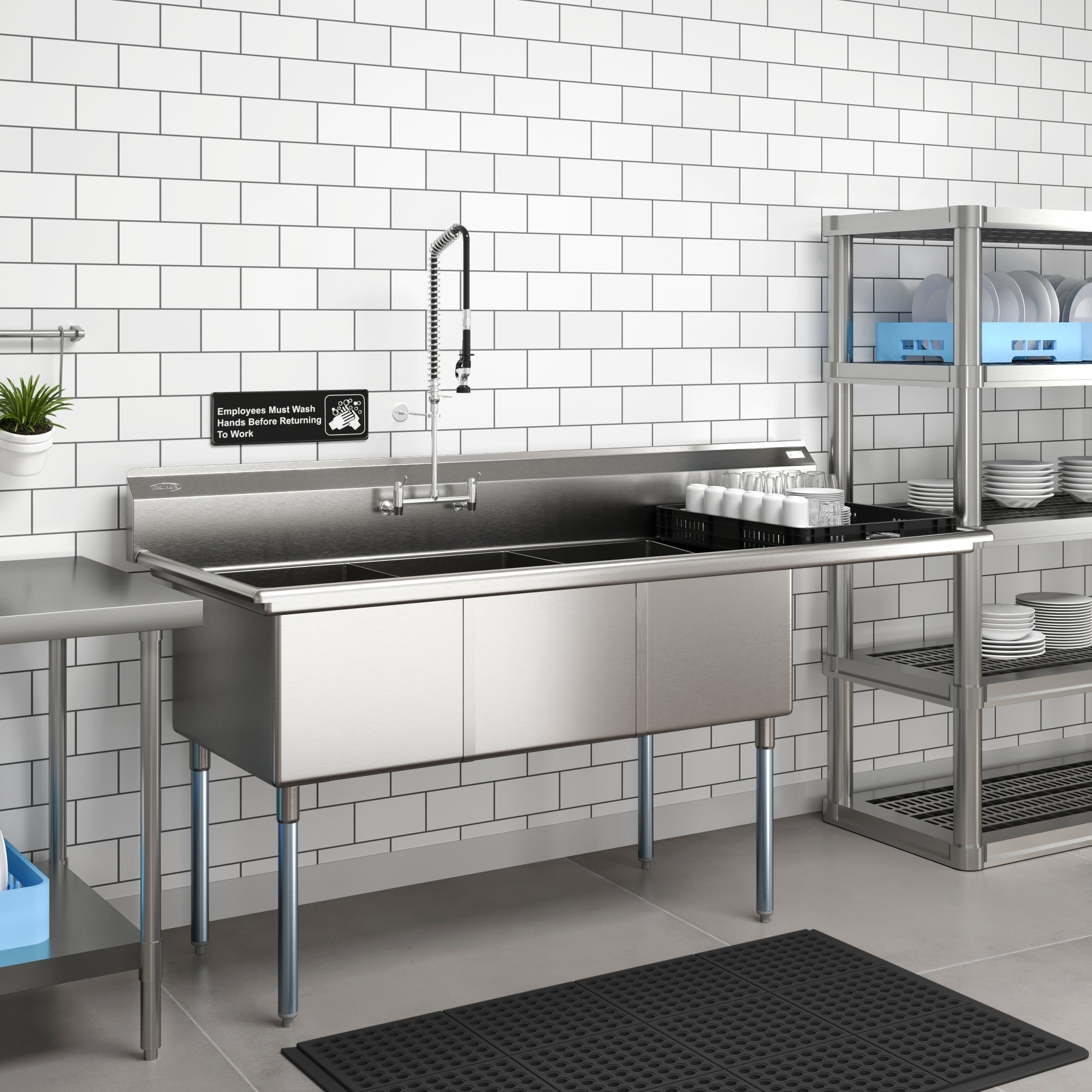 81 in. Three Compartment Commercial Sink Bowl Size 18x24x14 Stainless-Steel 18 Gauge with Right Drainboard