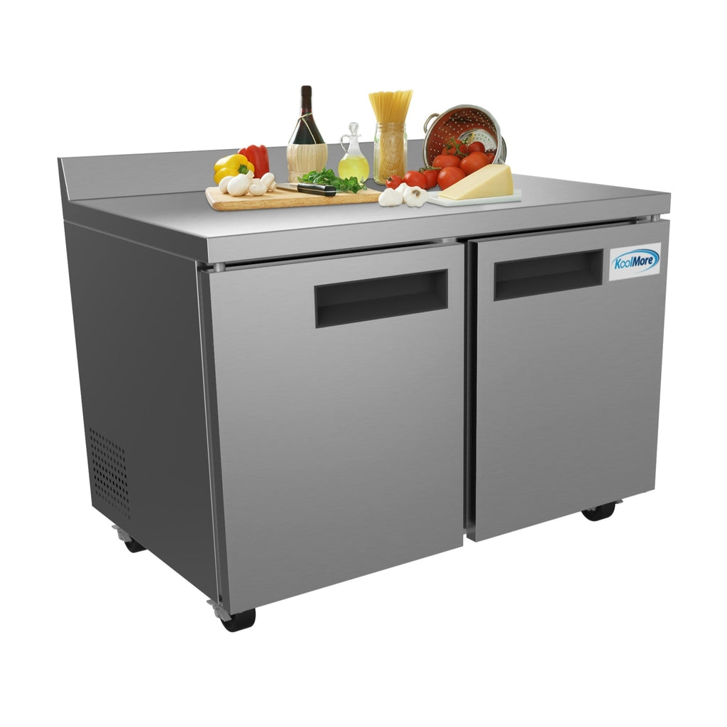 48 in. Stainless Steel Two-Door Worktop Commercial Freezer with 3.5 in. Backsplash, 12 cu. ft.
