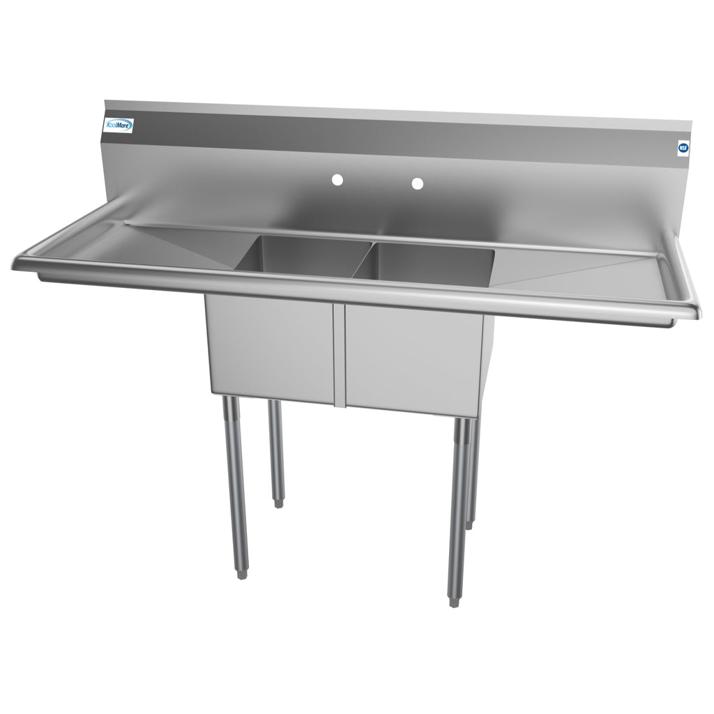 56 in. Two Compartment Stainless Steel Commercial Sink with 2 Drainboards, Bowl Size 12"x 16"x 10"