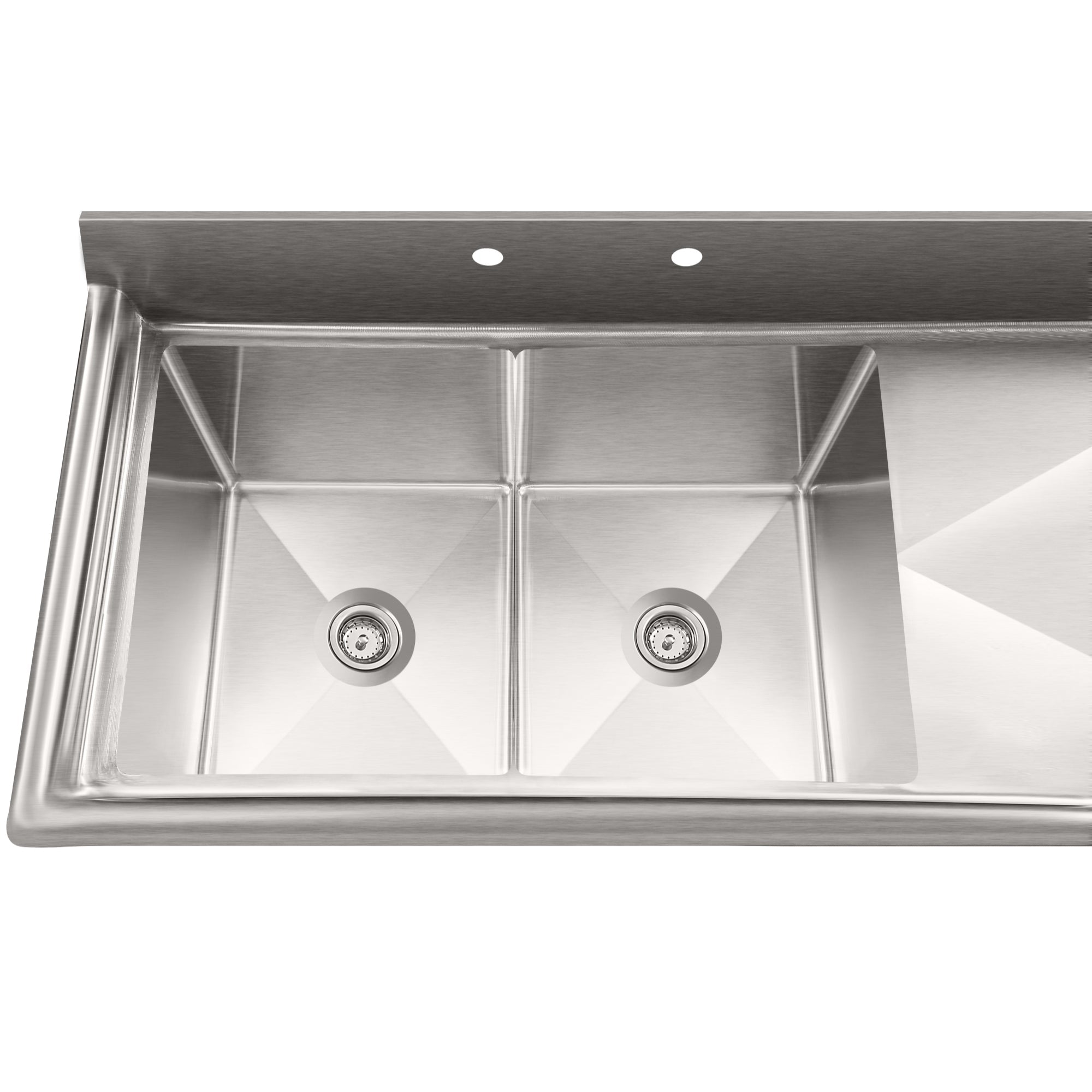 63 in. 18-Gauge 2-Compartment Commercial Sink with Backsplash and 24 in. Right Drainboard, Bowl dimensions 18"x24"x14" in Stainless-Steel