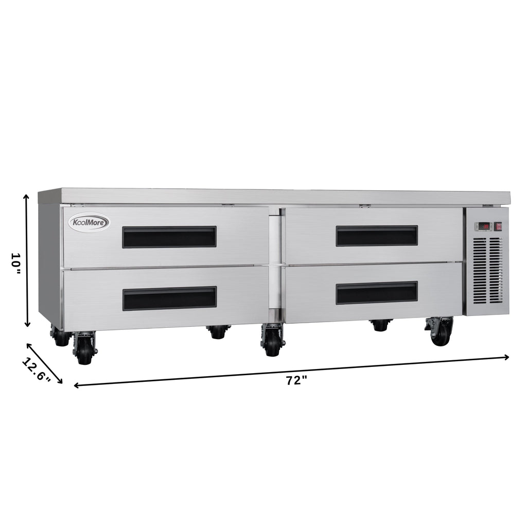 72 in. Commercial Chef Base Refrigerator Storage Cabinet for Cold Foods, Fresh Ingredients, and Condiments, Refrigerated Pull-Out Drawers, Rolling Caster Wheels, ETL Listed