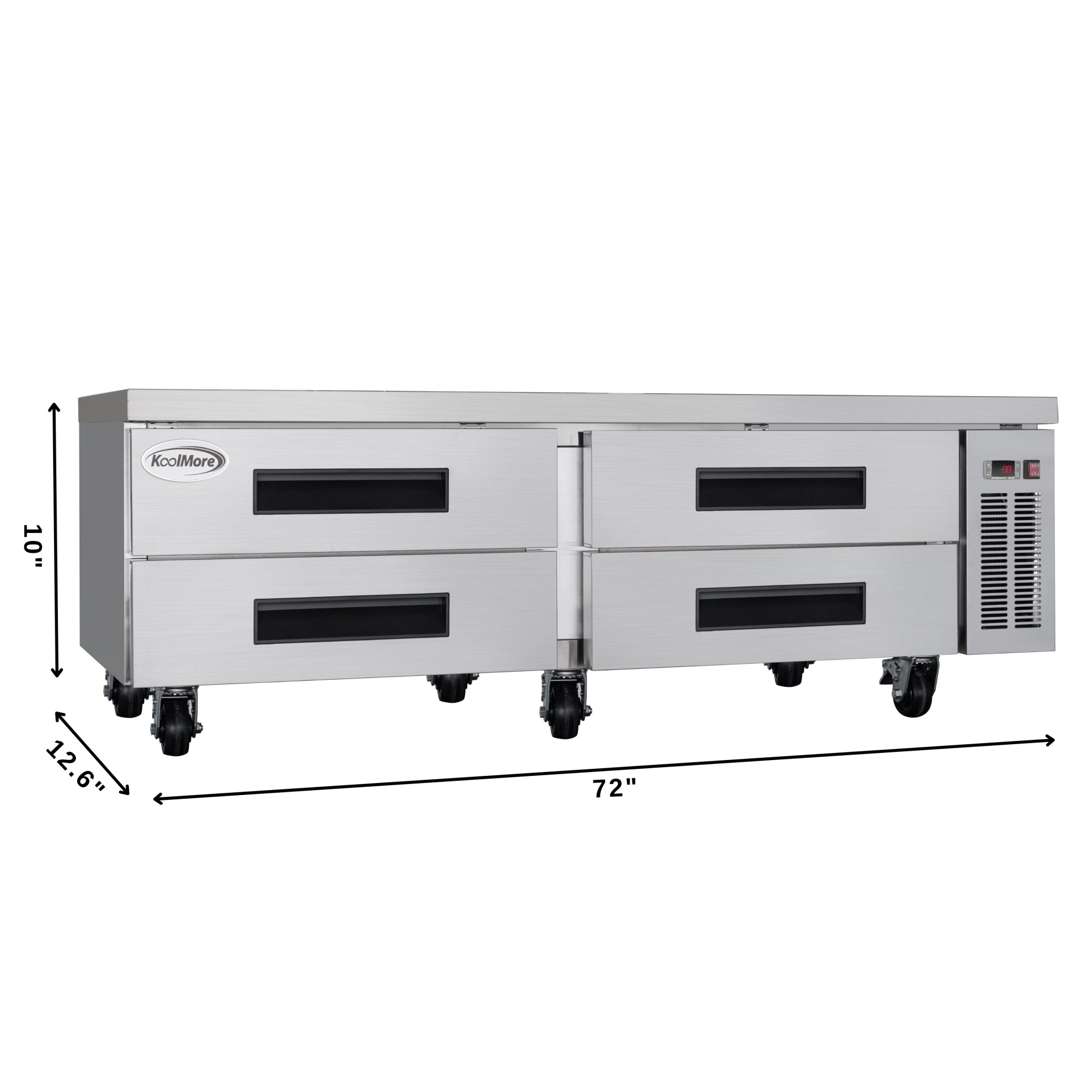 72 in. Commercial Chef Base Refrigerator Storage Cabinet for Cold Foods, Fresh Ingredients, and Condiments, Refrigerated Pull-Out Drawers, Rolling Caster Wheels, ETL Listed