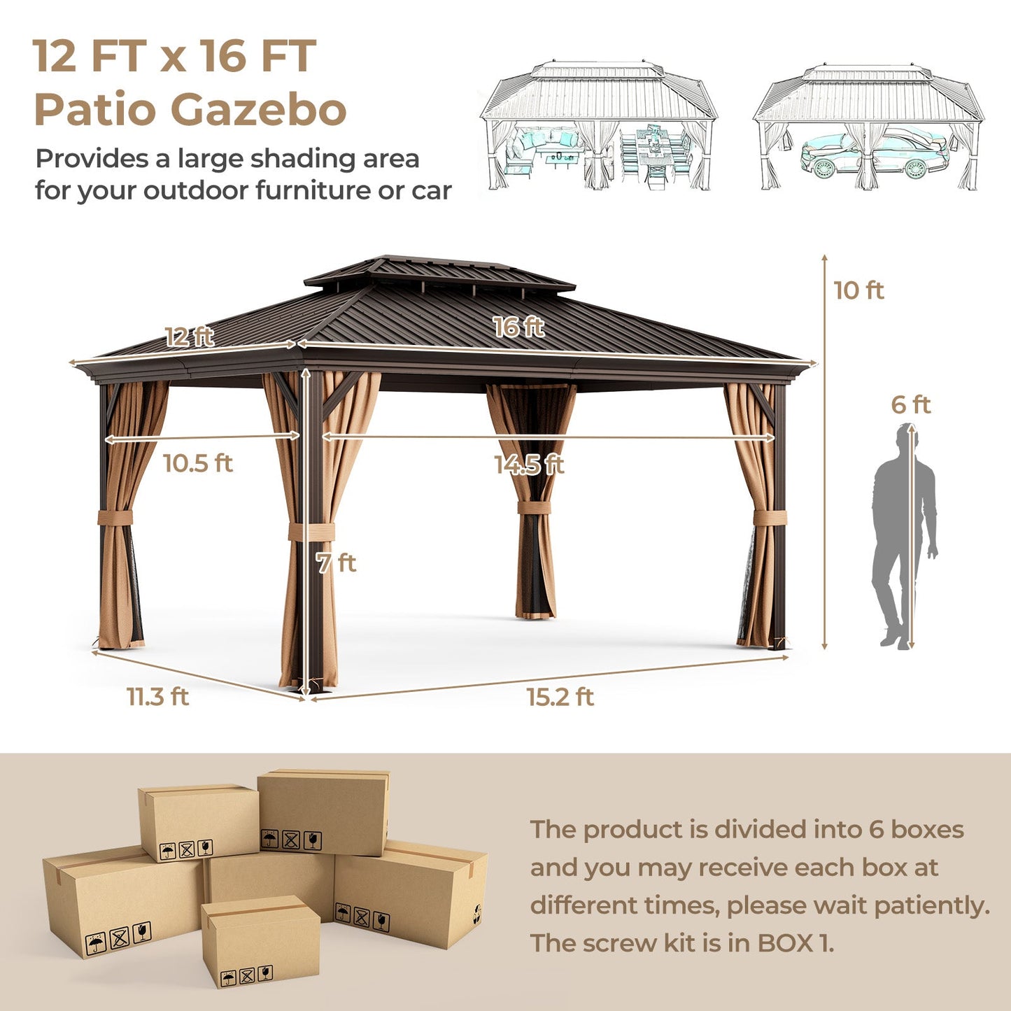 Costway 12' x 16' Double-Roof Hardtop Gazebo Galvanized Steel Roof 13689452 New