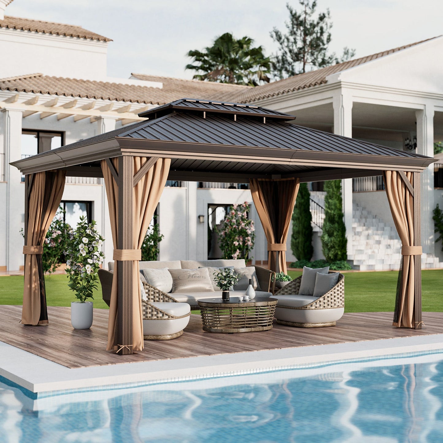 Costway 12' x 16' Double-Roof Hardtop Gazebo Galvanized Steel Roof 13689452 New
