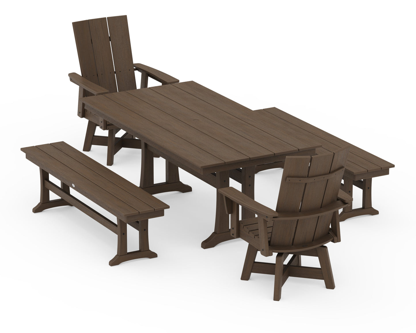 Modern Curveback Adirondack Swivel Chair 5-Piece Farmhouse Dining Set With Trestle Legs and Benches