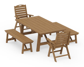 Nautical Folding Highback Chair 5-Piece Rustic Farmhouse Dining Set With Benches