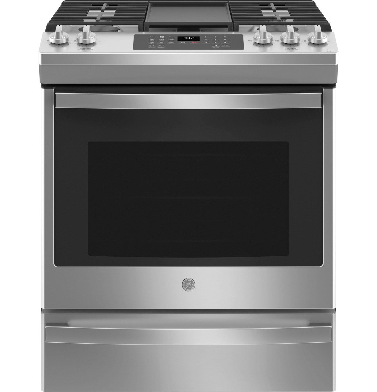 GE® 30" Slide-In Front-Control Convection Gas Range with No Preheat Air Fry