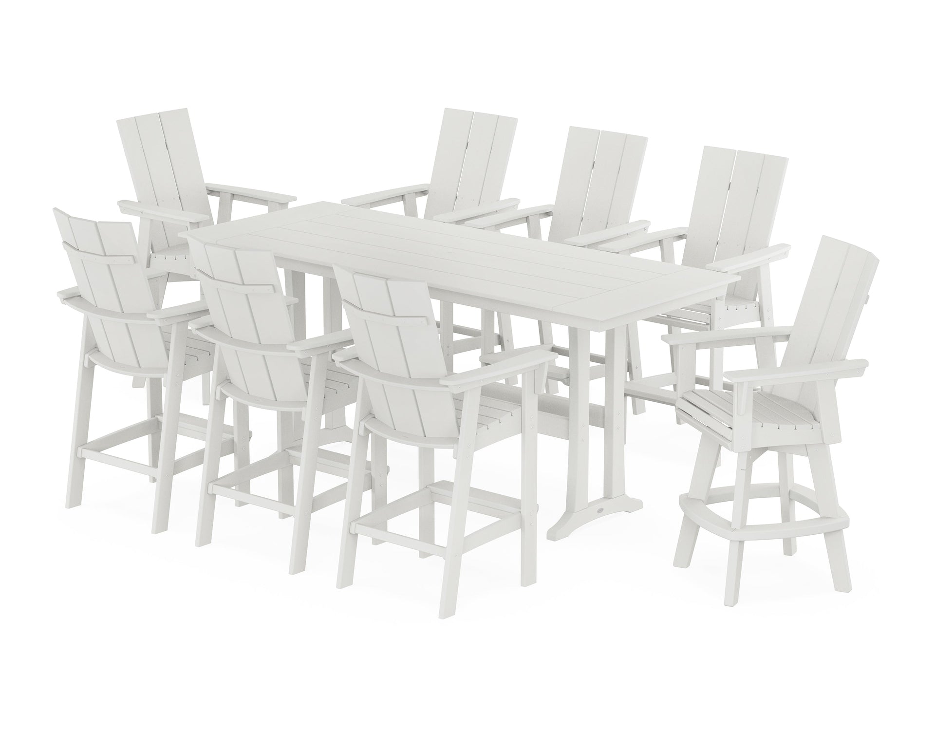 Modern Curveback Adirondack Swivel 9-Piece Farmhouse Bar Set with Trestle Legs