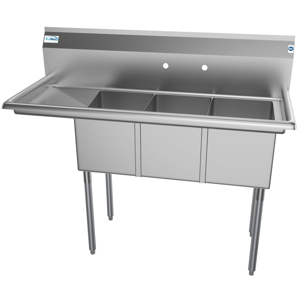 51 in. Three Compartment Stainless Steel Commercial Sink with Drainboard, Bowl Size 12"x 16"x 10"
